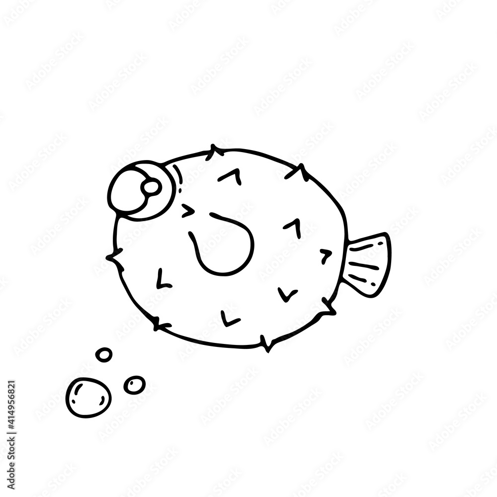 Fototapeta premium Doodle image of a fish in a decorative style. Image for labels, web, icons, postcards, decoration. Cheerful, childish, cute vector marine theme.