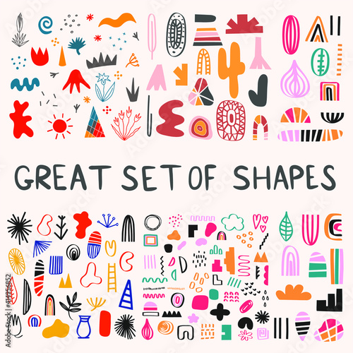 great set of vector shapes - boho bogemian geometric splash spot. Elements for postcard, pattern, decoration. Clip art hand drawn scandinavian free forms and flowers. Abstract colorful art assets.