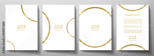 Modern cover design set with gold round ring (golden circle pattern) on white background. Luxury creative premium backdrop. Formal simple vector template for business brochure, certificate, invite