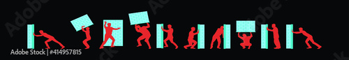set of man pushing wall cartoon icon design template with various models. vector illustration isolated on black background