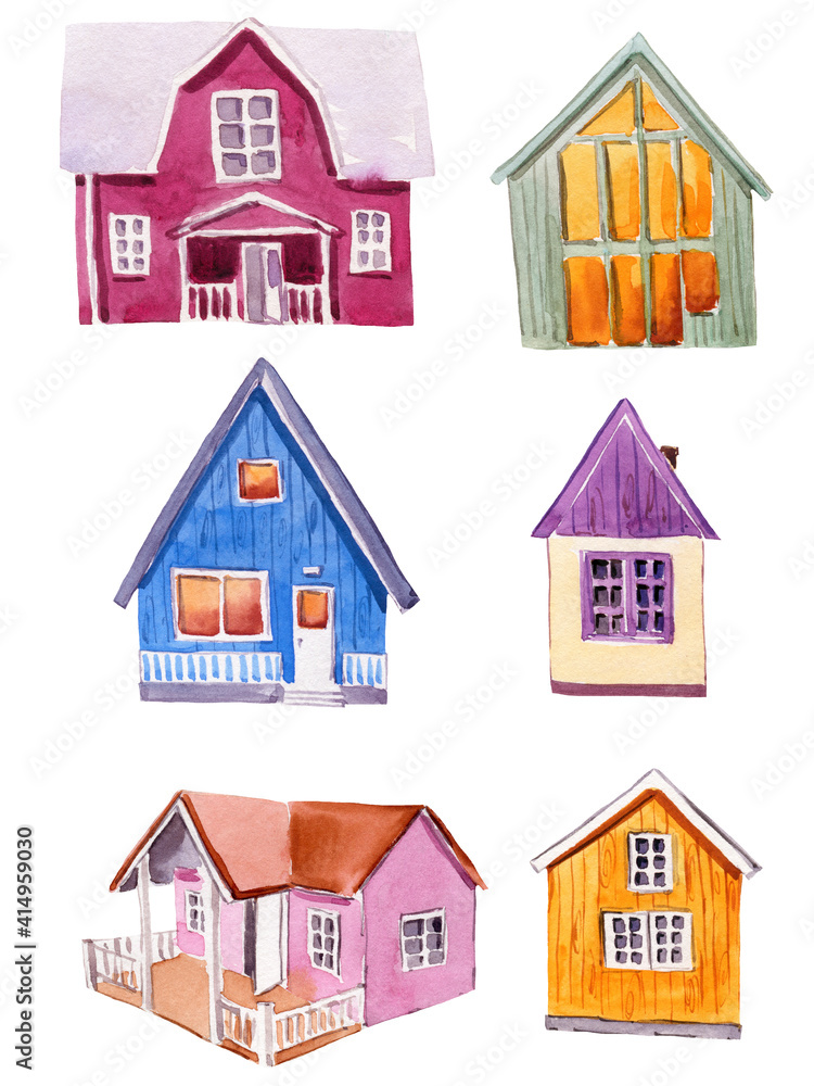 Watercolor illustration set of cute cozy houses