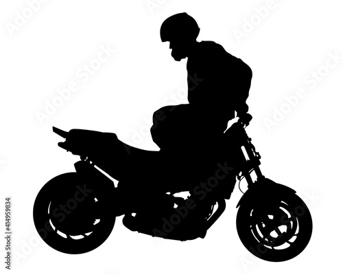 Man in protective clothing rides a retro bike. Isolated silhouette on a white background
