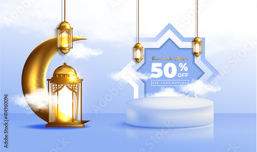 Realistic Ramadan Kareem sale Banner with 3D Podium and Discount Frame