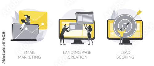 Digital promo campaign abstract concept vector illustration set. Email marketing, landing page creation, lead scoring, design template, newsletter, statistics software abstract metaphor.