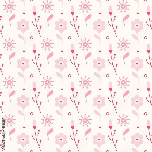 Tender floral seamless pattern with flowers, branches and small details on a light background. Suitable for cards, wallpaper, wrapping paper, fabric, interior decor and others