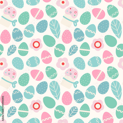 Easter seamless pattern with Easter eggs, flowers, cakes in pink and mint color scheme. Suitable for Easter cards, wallpaper, paper, fabric, interior decor and others