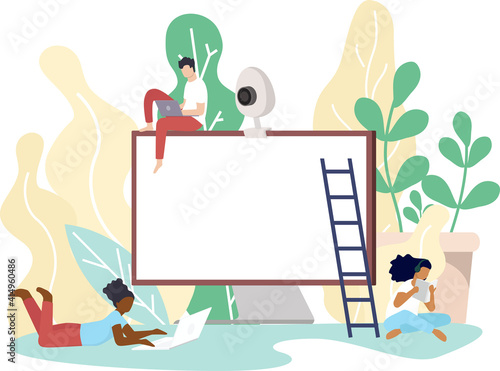 A man and a woman while working or studying through online internet in covid19 corona virus outbreak situation with giant desktop computer monitor, social distancing e-learning online education