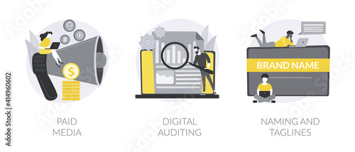 Corporate communication abstract concept vector illustration set. Paid media, digital auditing, naming and taglines, product slogan, copywriting service, social media post, article abstract metaphor.