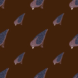 Zoo seamless pattern with flying purple birds ornament. Dark brown background. Simple design.