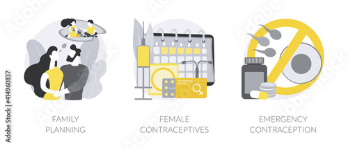Women healthcare abstract concept vector illustration set. Family planning, female contraceptives, emergency contraception, reproductive health, fertility and pregnancy control abstract metaphor.