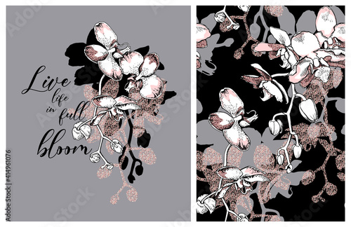 Collection of print and seamless texture. Orchid flowers and buds on branches. Textile composition, hand drawn style print. Vector illustration.