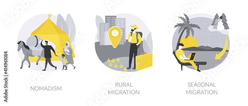 Changing habitation abstract concept vector illustration set. Nomadism, rural migration, seasonal movement, population growth and urbanization, hunters and gatherers, moving to city abstract metaphor.