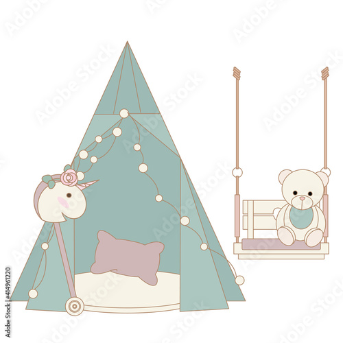Cozy kids room interior with play tent and toys