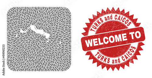 Vector collage Turks and Caicos Islands map of migration arrows and grunge Welcome seal stamp.