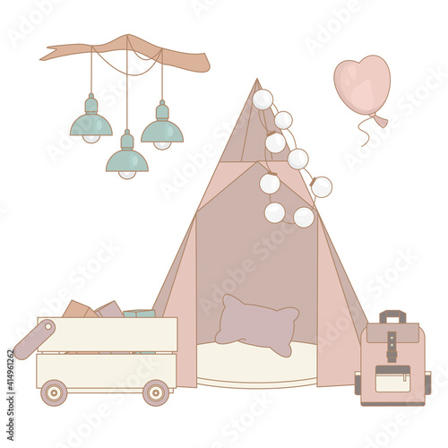 Cozy kids room interior with play tent and toys on white background