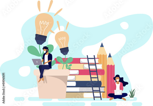 A man and a woman wearing mask while working or studying through online internet in covid19 corona virus outbreak situation, social distancing e learning online education