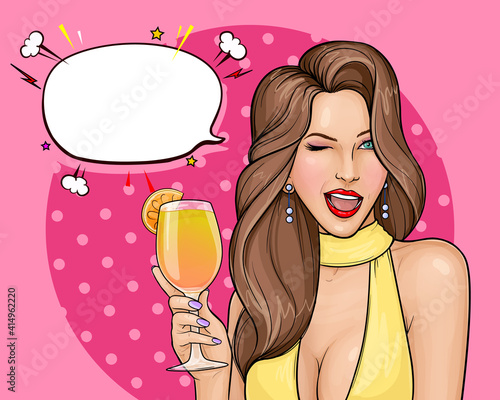 Pop art vector illustration of sexy girl in dress with open mouth holding a cocktail in her hand. Young woman with brown hair winking and smiling on pink background with empty speech bubble.