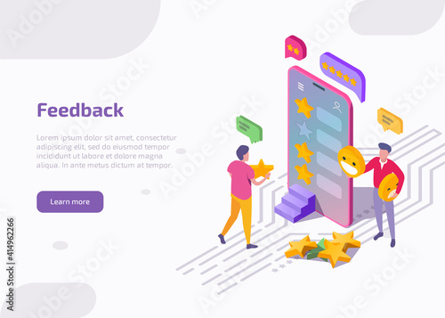 Feedback isometric landing page, web banner. Clients stand at smartphone screen leaving review and put stars in mobile app. Customers evaluate product or service technology. 3d vector illustration.