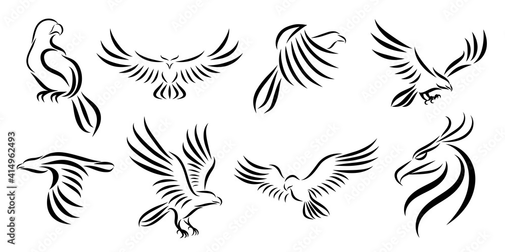 Set of eight line art vector logo of eagle. Can be used as a logo Or decorative items. Set of eight line art vector logo of eagle. Can be used as a logo Or decorative items.
