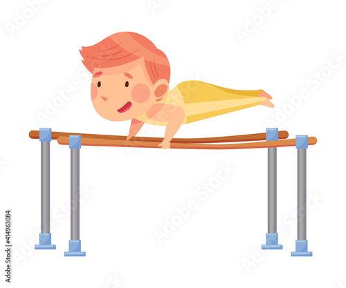 Little Redhead Boy Doing Gymnastics on Parallel Bars Vector Illustration