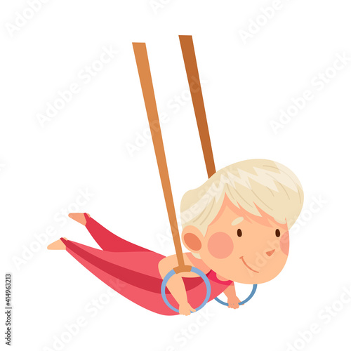 Little Boy Hanging in the Air Holding Gymnastic Rings Vector Illustration