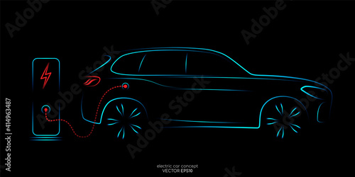 Electric SUV car with charging station by sketch line side view blue and red colors isolated on black background. Vector illustration.