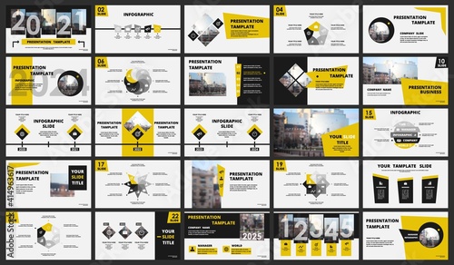 Abstract white, yellow presentation slides. Modern brochure cover design. Fancy info banner frame. Creative infographic elements set. Urban city font. Vector title sheet model. Ad flyer style template
