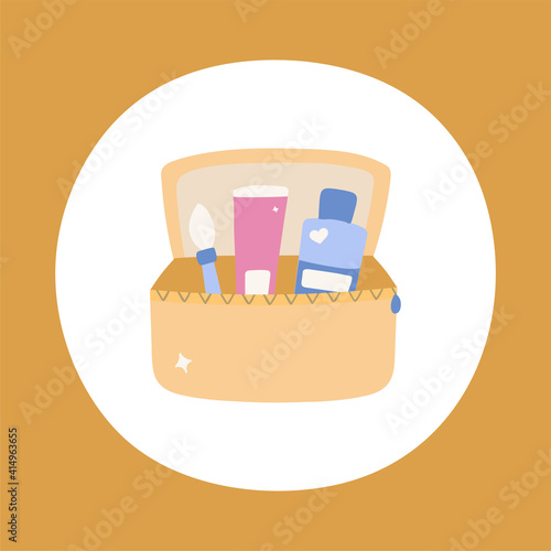 Cute hand drawn cosmetic bag with beauty products and cosmetics in it, with brush for powder, eyeshadow, blusher, cream in the tube, bottle with lid with a shampoo, conditioner. Vector illustration