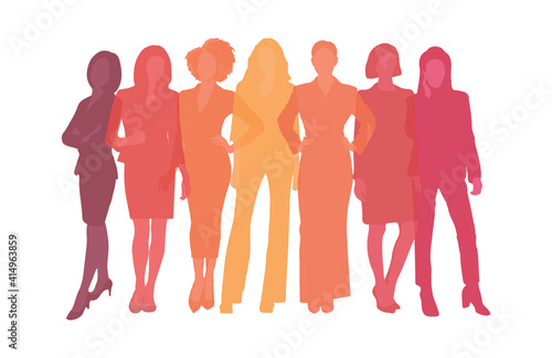 Business women in action, girl power colorful illustration, worker team silhouettes vectors