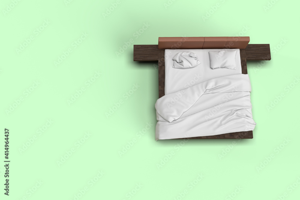 3d render top view of white bed with white pillow cover and white bed
