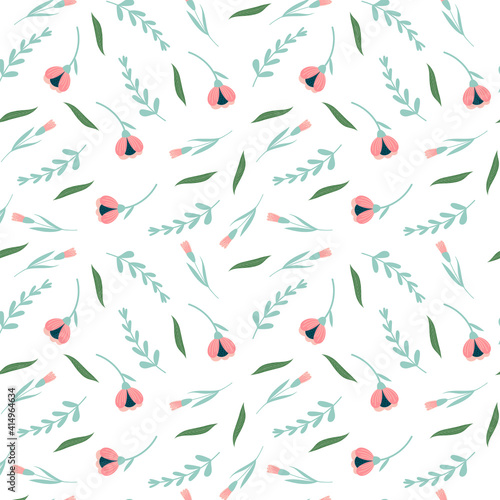 Floral pattern with flowers and leaves. Cute pattern with small flowers. Vector illustration