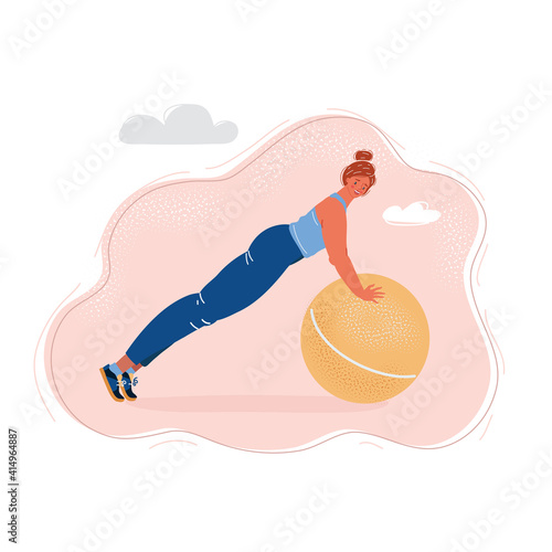 Vector illustration of woman doing fitness exercises with fit ball. Sportswoman activities