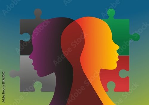 Abstract human profiles with overlay design, togheter with puzzle pieces. Concept human psychological health and puzzle of life. Vector illustration. EPS10.
