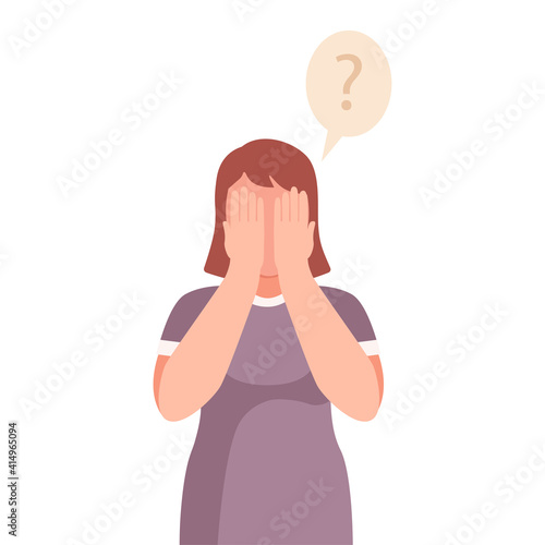 Female Covering Her Face with Her Hands Thinking and Considering of Something Vector Illustration