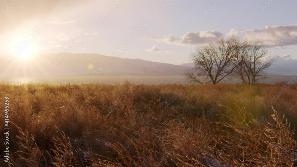 Wind blowing snowflakes across golden field as storm passes while panning the landscape looking at the sun. Wind blowing snowflakes across golden field as storm passes while panning the landscape looking at the sun.
