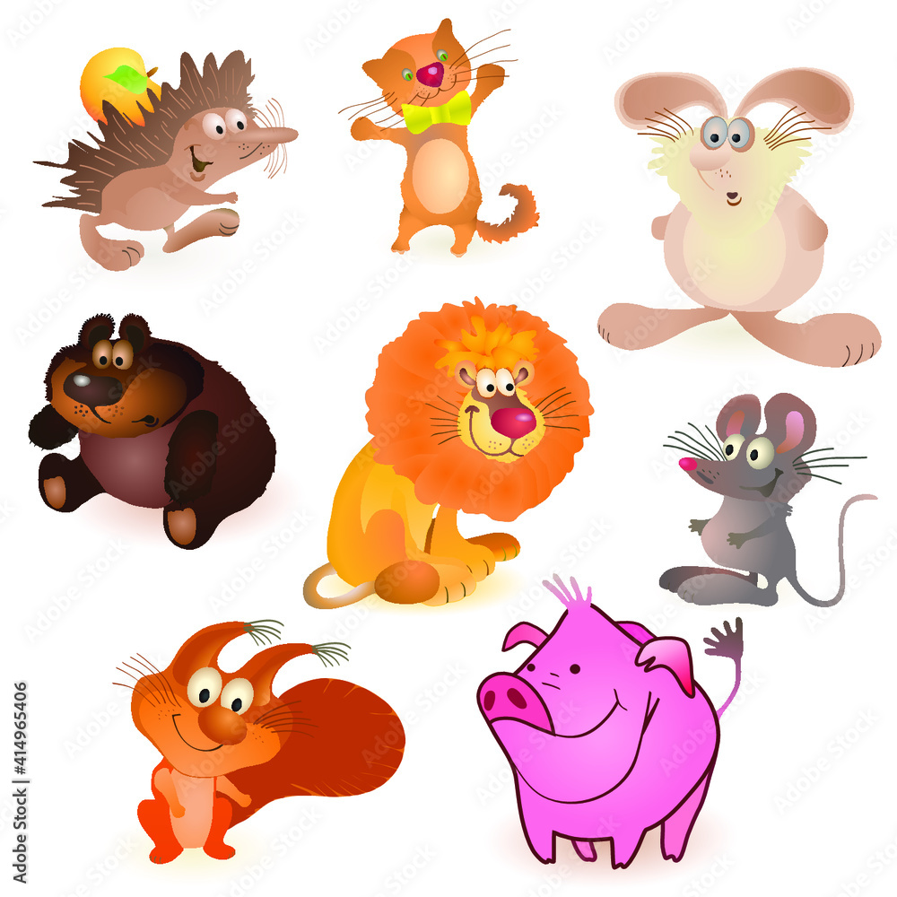 Naklejka premium Set of eight funny animals - mouse, pig, rabbit, bear, hedgehog, cat, lion, squirrel