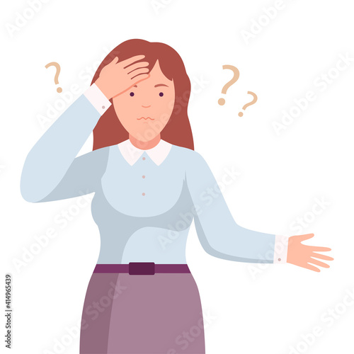 Thoughtful Woman Standing with Her Hand on Her Forehead Thinking and Considering of Something Vector Illustration