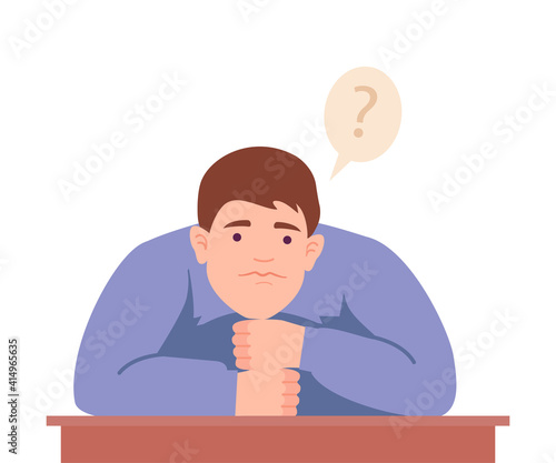 Male Sitting at Table with Pensive Face Expression Thinking and Considering of Something Vector Illustration