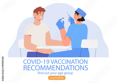 People covid-19 vaccination for immunity health web banner or poster. Doctor or nurse makes injection of flu vaccine to man patient in hospital. Healthcare, coronavirus, prevention and immunization.