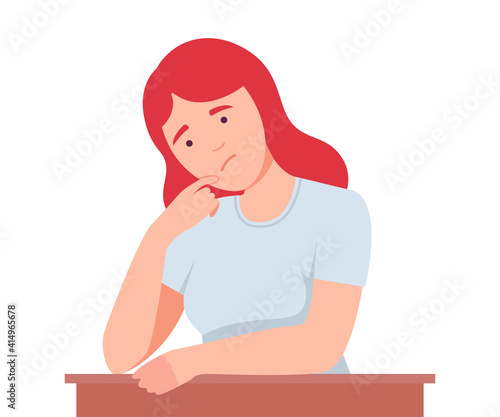 Female Sitting at Table with Pensive Face Expression Thinking and Considering of Something Vector Illustration