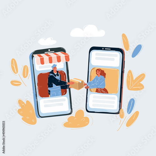 Vector illustration fast delivery service online. Online shopping via display of smartphone