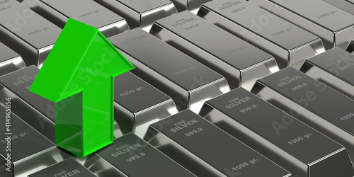 Investment  banking and business concept  3d rendering silver bars on brick wall background. A green arrow rising up on many shiny ingots. Treasure blocks for wealth and investment 