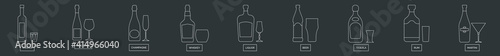 Bottle and glass vodka wine champagne whiskey liquor beer tequila rum martini line art in flat style. Alcoholic illustration on black background. Isolated contour element. Beverage outline icon.
