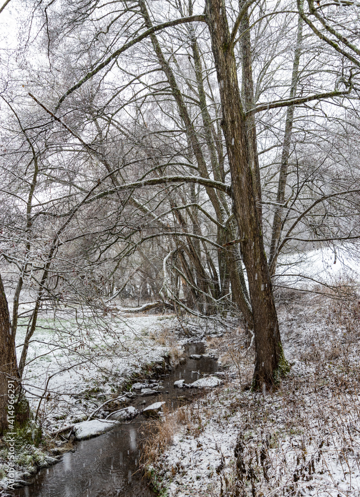 Winter Landschaft mit Bach, Schnee, Eis und Bäumen Winter Landschaft mit Bach, Schnee, Eis und Bäumen