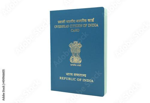 Drammen, Norway - January 5 2020: Overseas Citizen of India (OCI) card isolated on white background. Republic of India.