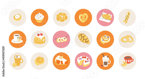 Vector set pasteries and bakery icons for social media stories or avatar template.