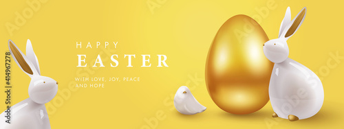 Easter banner, greeting card, holiday cover, poster, flyer design in 3d realistic style with golden egg, white rabbit and little bird. Modern minimal design for social media, sale, advertisement, web