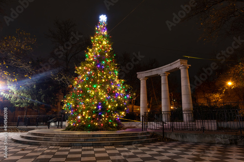 Photography Christmas Tree at Night in Athens Square in Astoria Queens of New York City