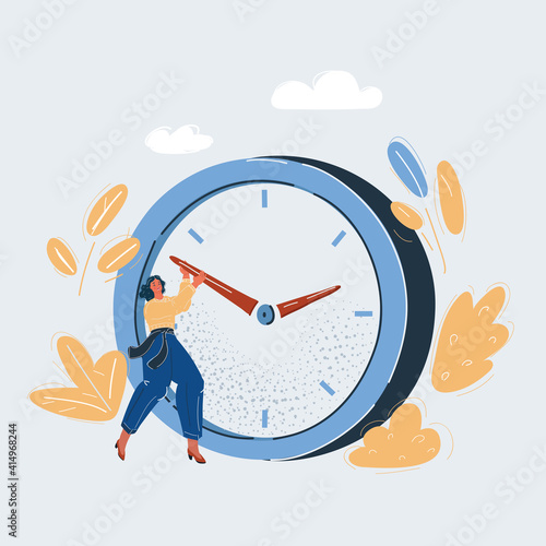 Vector illustration of woman and trying to stop time.