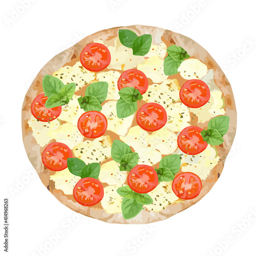 Pizza with tomatoes and mozzarella cheese. Vector clipart.